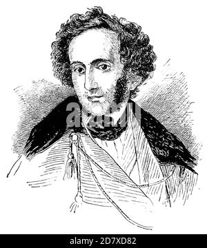 Porträt von Felix Mendelssohn - einem deutschen Komponisten, Pianisten, Organisten und Dirigenten der Frühromantik. Illustration des 19. Jahrhunderts. Weißer Hintergrund. Stockfoto