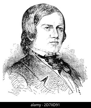 Porträt von Robert Schumann - einem deutschen Komponisten, Pianisten und einflussreichen Musikkritiker. Illustration des 19. Jahrhunderts. Weißer Hintergrund. Stockfoto