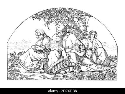 Antike Illustration der trauernden Juden im Exil aus dem 19. Jahrhundert, Gemälde von Eduard Bendemann (datiert 1832). Gravur veröffentlicht in Systematisch Stockfoto