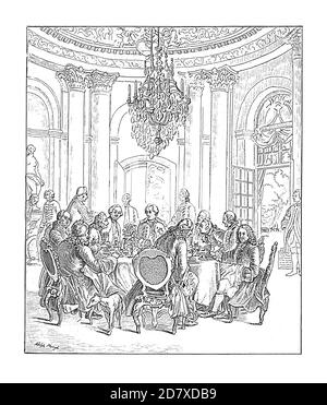 19. Jahrhundert Abbildung des Rundtisches in Sanssouci, Gemälde von Adolph Menzel. Er war ein deutscher Künstler, der für Zeichnungen, Radierungen und Pai bekannt war Stockfoto