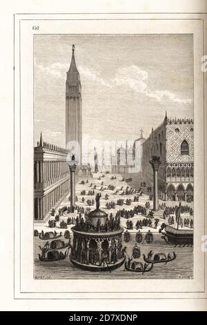 Blick auf den Markusplatz, Venedig, 16. Jahrhundert. Gondeln bringen die Menschen zum Platz mit seinen Säulen San Marco und San Todaro, dem Markusdom und Campanile, der Bibliothek Marciana, dem Dogenpalast und dem Gebäude der Compagnie della Calza. In einem dekorativen Rahmen graviert von H. Catenacci und Fellmann. Holzschnitt von F. Huyot nach A. Racinet nach einem Holzschnitt von Christoph Krieger aus Cesare Vecellio's Costumes anciens et modernes, Habiti antichi et moderni di tutto il mondo, Firman Didot Ferris Fils, Paris, 1859-1860. Stockfoto