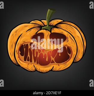 Halloween Kürbis mit gruseligem Gesicht auf dunklem Hintergrund. Vektorgrafik. Stockfoto