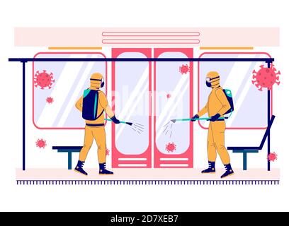 Coronavirus-Pandemie. Menschen in Gefahrgut Anzüge Desinfektion U-Bahn-Zug, flache Vektor-Illustration. Desinfektion. Stock Vektor