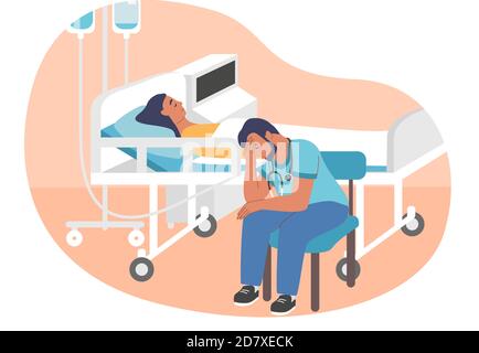 Müder Arzt auf dem Stuhl in der Krankenstation neben dem Patienten auf der Liege sitzend, flache Vektordarstellung. Burnout-Arbeit. Stock Vektor
