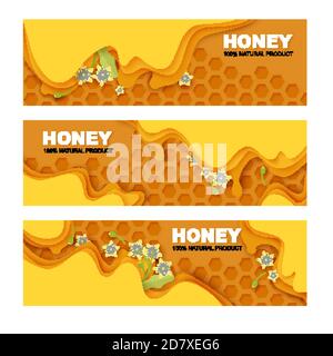 Honig, gesunde Bio-Naturprodukt Bannervorlage Set. Vektorgrafik im Papierkunststil. Stock Vektor