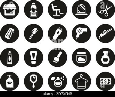 Friseursalon & Friseursalon Ausstattung Icons Weiß Auf Schwarz Flaches Design Kreis Set Groß Stock Vektor