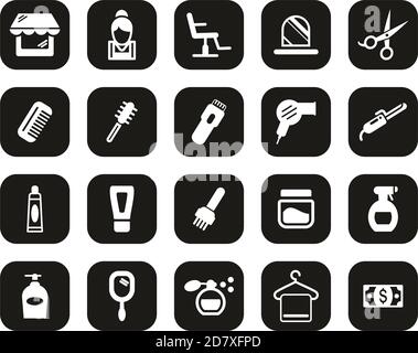 Friseursalon & Friseursalon Ausstattung Icons Weiß Auf Schwarz Flaches Design Stock Vektor