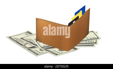 Verstreutes Papier 100 US-Dollar Banknoten und Leder-Brieftasche mit Bank-Plastikkarten isoliert auf weiß. Realistischer Style. Stockfoto