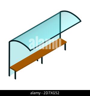 Isometrische Glas-City-Bushaltestelle mit Bank isoliert auf weiß. Stockfoto