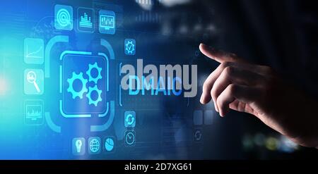 DMAIC definieren Maßnahme Analysieren verbessern Kontrolle Industrielle Geschäftsprozessoptimierung Six Sigma Lean Manufacturing Technology Concept auf virtuellem Geröll Stockfoto