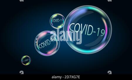 Covid-19 Coronavirus ist ein aufgeblähtes Problem in der Seifenblase. Fake News werden bald platzen und zerstört. Stockfoto