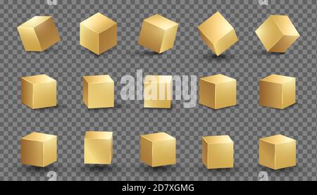 Goldener Würfel. Gold Box Metallic Form. Vektorblock gesetzt. Stock Vektor