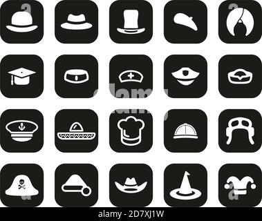 Hut Icons Weiß Auf Schwarz Flat Design Set Groß Stock Vektor
