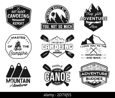 Vintage Kanu Kajak logos Patches einstellen. Hand gezeichnet Camping labels Designs. Berg Expedition, Kanu fahren. Outdoor Embleme für t-shirts. Silhouette Stockfoto