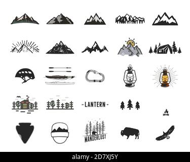 Vintage camping Symbole und Abenteuer Symbole Illustrationen. Wandern Formen der Berge, Bäume, wilde Tiere und andere. Retro Schwarzweiß-Design Stockfoto