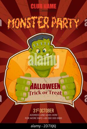 Halloween Nacht Party mit Frankenstein Monster Charakter Design Hintergrund für Einladung, Karte, Poster, Flyer. Frankenstein Monster für Halloween pa Stock Vektor