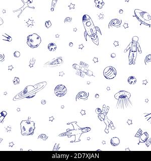 Vektor Doodle Raum nahtlose Muster mit Raum-Objekte. Raumschiffe, Raketen, Planeten, fliegende Untertassen, Kosmonauten, Sterne, Kometen, Satelliten, ufo etc Stock Vektor