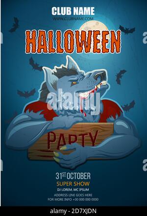 Halloween Nachtparty mit Werewolf Charakter Design Hintergrund für Einladung, Karte, Poster, Flyer. Werwolf für Halloween Party. Cartoon-Stil. Stock Vektor