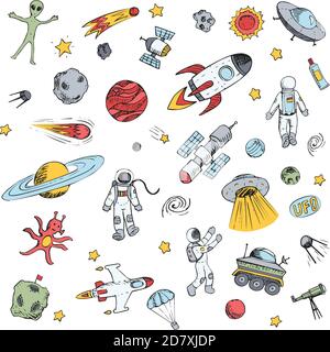 Bunte Vektor handgezeichnete Kritzeleien Cartoon Set Raum Objekte. Raumschiffe, Raketen, Planeten, fliegende Untertassen, Astronauten, Sterne, Kometen, Satelliten, uf Stock Vektor