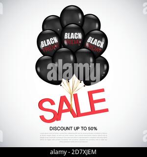 Black Friday Sale Poster mit realistischen schwarzen Ballons und Inschrift Verkauf. Bündel von glänzenden schwarzen Luftballons mit dem Black Friday. Stock Vektor