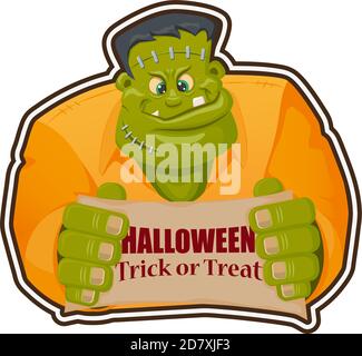 Frankenstein Monster Charakter im Cartoon-Stil. Banner mit Schild - Halloween. Trick or Treat. Stock Vektor