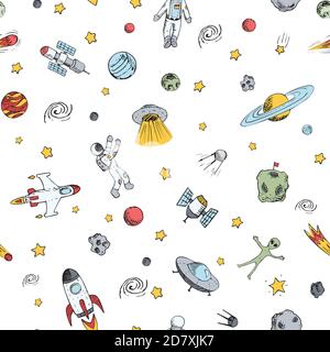 Vektor bunte Doodle Raum nahtlose Muster mit Raum-Objekte. Raumschiffe, Rakete, Planeten, fliegende Untertassen, Astronauten, Sterne, Kometen, ufo etc. Ha Stock Vektor