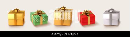 Set von Geschenken Box. Kollektion realistische Vektor Geschenk Geschenke. Weihnachtsgeschenke in Gold und Silber. Stock Vektor