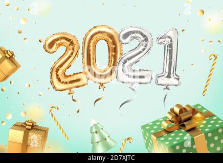 2021 goldene Dekoration Urlaub auf neomint Hintergrund. Glänzende Party Hintergrund mit goldenen und grünen Geschenken. Goldfolie Luftballons Zahl 2021 und Konfetti Stock Vektor