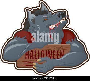 Werwolf Charakter mit Holzbrett Banner mit einem Schild - Halloween. Cartoon-Stil. Stock Vektor