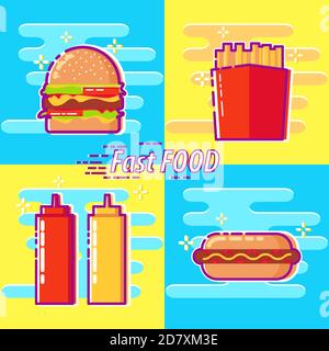 Set von bunten Fast Food flache Design-Symbole. Burger, pommes frites, Ketchup, Senf, Hot Dog. Vector Fast Food Schlangen. Fastfood-Restaurant. Elemente Stock Vektor