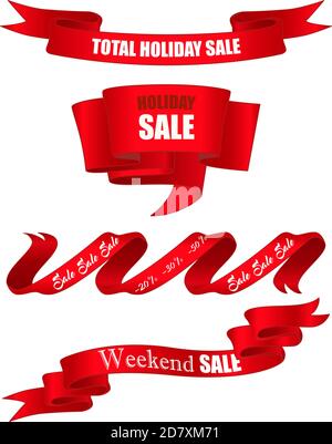 Set aus rotem, realistischem, Band. Werbebanner. Urlaubsangebot. Wochenendangebot. Stock Vektor