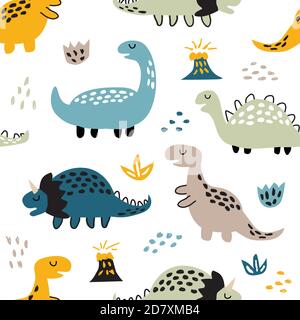 Kindliche nahtlose Muster mit niedlichen Dinosaurier. Kreative Textur für Stoff und Textil Stock Vektor
