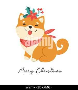 Frohe Weihnachten Illustration mit Shiba Inu, Japanes, koreanischer Hund. Lustige Welpen mit einem Weihnachts-Accessoires. Vektor-Grußkarte Stock Vektor