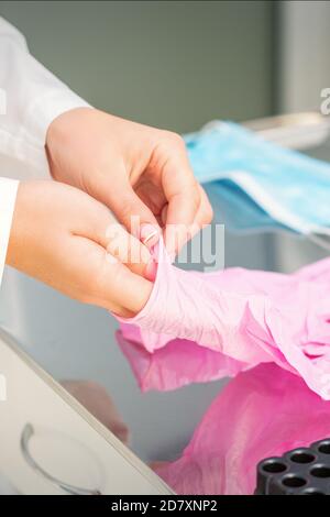 Die Hände der Krankenschwester, die rosa sterilisierte Schutzhandschuhe in den aufsetzen Labor Stockfoto