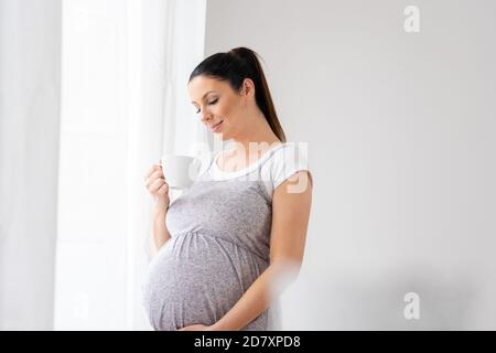 Eine junge schwangere Frau, die neben dem Fenster in einem eleganten grauen Kleid und trinken Kaffee aus einer Tasse. Stockfoto