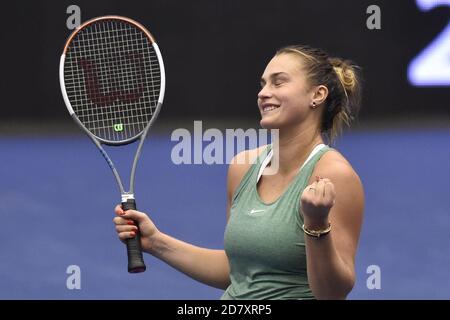 Ostrava, Tschechische Republik. Oktober 2020. ***CTK POOL***Aryna Sabalenka aus Weißrussland gewann beim Tennisturnier J&T Banka Ostrava Open 2020 in Ostrava, Tschechien, am 23. Oktober 2020 gegen Sara Sorribes aus Spanien. Kredit: Jaroslav Ozana/CTK Foto/Alamy Live Nachrichten Stockfoto