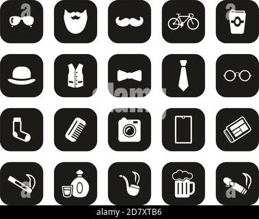 Hipster Kultur & Mode Icons Weiß Auf Schwarz Flat Design Groß Einstellen Stock Vektor