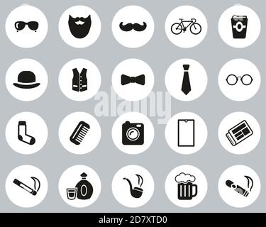 Hipster Kultur & Mode Icons Schwarz & Weiß Flat Design Kreis Groß Stock Vektor