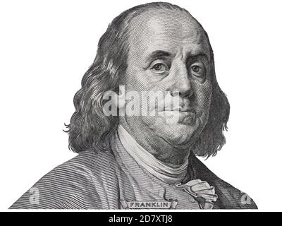 Benjamin Franklin Gesicht auf uns hundert Dollar-Rechnung Makro isoliert, vereinigte Staaten Geld Nahaufnahme Stockfoto