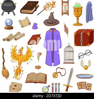 Großes Set, um einen Assistenten zu spielen. Dinge Magier: zauberer, Hut, Zauberbuch, Scroll, Trank, Besen, Kristallkugel, Mantel, Schwert, Tasse, Ring, Brust, fang, Phöni Stock Vektor