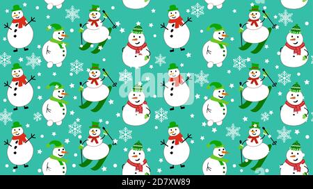 Wintermuster mit Schneemännern und Schneeflocken. Schneemann auf Skiern und in einem Schal auf grünem Hintergrund. Vektor Nahtloses Muster. Kann für Weihnachtskarten oder Geschenkpapier verwendet werden. Stock Vektor