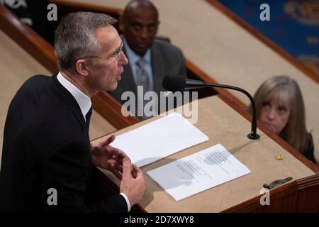 NATO-Generalsekretär Jens Stoltenberg hält am Mittwoch, den 3. April 2019, bei einer gemeinsamen Kongresssitzung auf dem Kapitol eine Rede. Quelle: Alex Edelman/The Photo Access Stockfoto