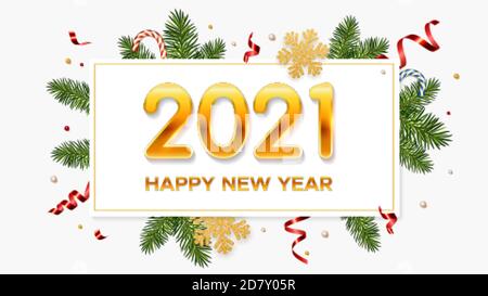 Neujahr 2021 Hintergrund mit Kiefernästen, goldenen Schneeflocken, Zuckerstöcken und Lametta. Vorlage für Weihnachts- und Neujahrsposter, Postkarte, Banner Stock Vektor