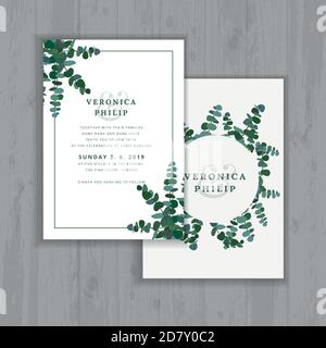 Hochzeitseinladungskarte mit Eukalyptusblättern und Ästen im flachen Vektor-Stil. Set aus Silber Dollar Eukalyptusbaum Laub, natürlich gesät, gunni. Stock Vektor