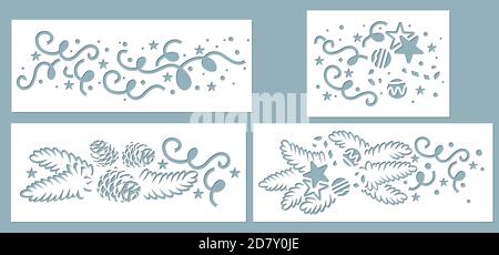 Schablone von Nadelzweigen und Tannenzapfen. Weihnachtsbaum Zweige Silhouette. Fichtendekor. Schablone zum Laserschneiden und Plotter. Die Cu Stock Vektor