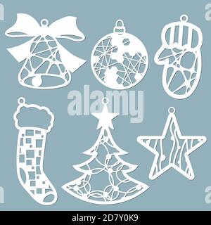 Lasergeschnittene Schablone. Bälle und Fäustlinge Silhouette zum Schneiden. Weihnachtskunstwerk. Geometrische, Strick und durchbrochene Muster.. Stock Vektor