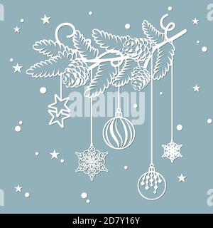 Nadelzweige und Luftballons, Schneeflocken, Sterne aus Papier. Weihnachtsbaum Zweige Silhouette. Fichtendekor. Schablone zum Laserschneiden an Stock Vektor