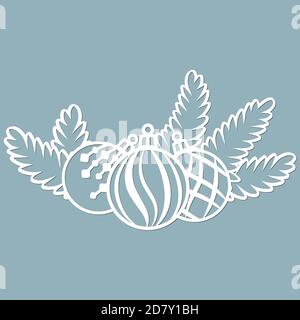 Nadelzweige und Luftballons aus Papier. Weihnachtsbaum Zweige Silhouette. Fichtendekor. Schablone zum Laserschneiden und Plotter. Stempelschnitt Stock Vektor
