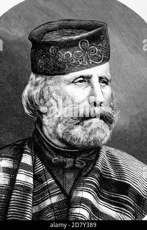 Giuseppe Garibaldi, italienischer General, Patriot und Republikaner. Er trug zur italienischen Vereinigung bei. 1807-1882. Antike Illustration. 1882. Stockfoto