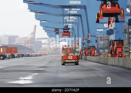 Krane und automatisches Containertransportsystem am HHLA Container Terminal Altenwerder im Hamburger Hafen Stockfoto